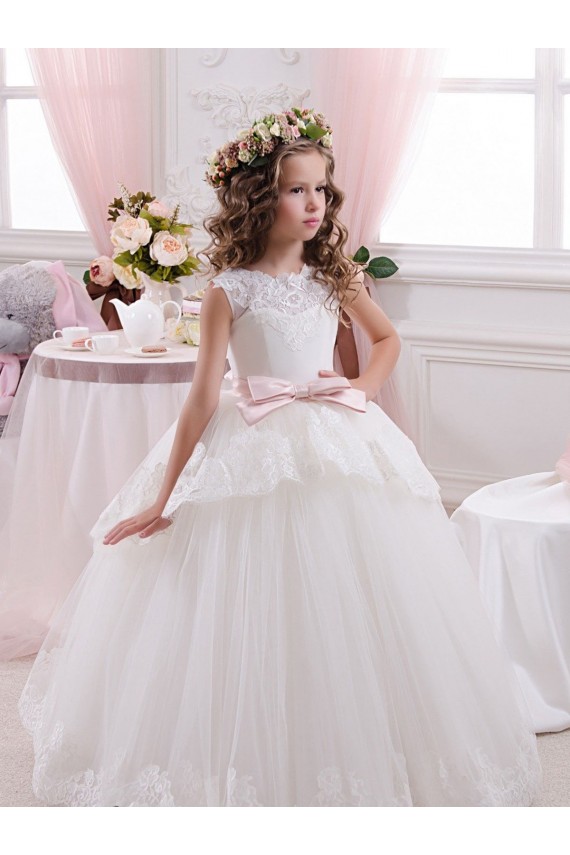 Buy Ivory Ball Gown Sweetheart V-Back Sleeveless Flower Girl Dress UK