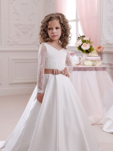 Buy Ivory Ball Gown V-Neck Chapel Train Long Sleeve Flower Girl Dress UK