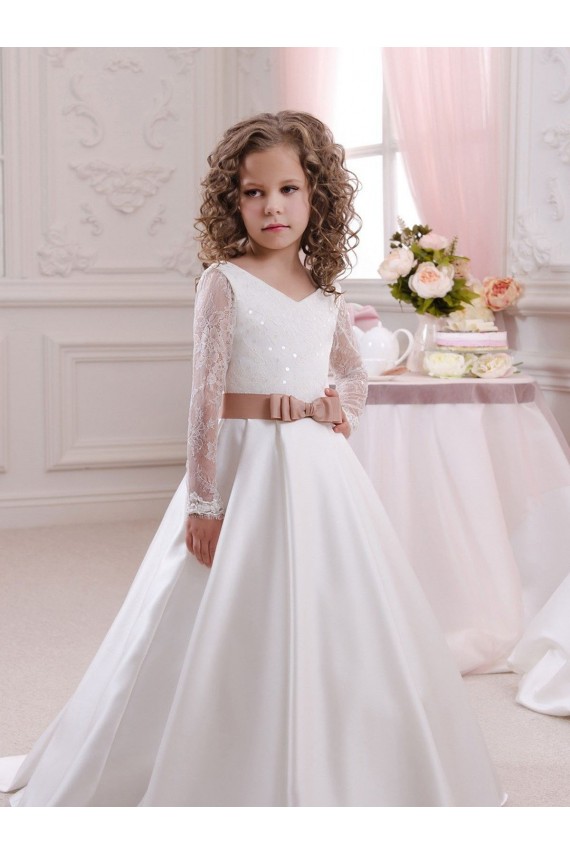 Buy Ivory Ball Gown V-Neck Chapel Train Long Sleeve Flower Girl Dress UK