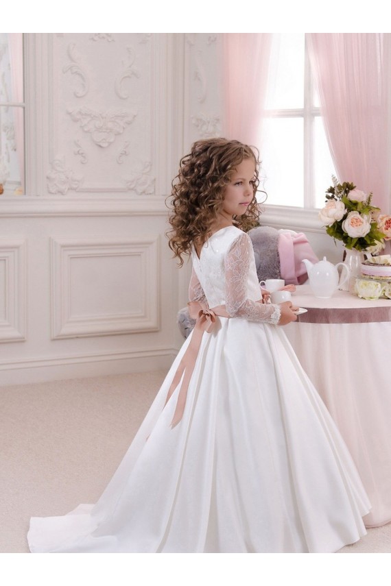 Buy Ivory Ball Gown V-Neck Chapel Train Long Sleeve Flower Girl Dress UK