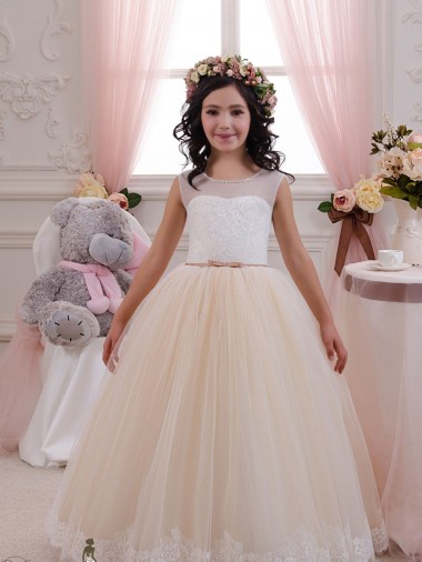 Buy Ivory & Champagne Ball Gown Sweetheart Floor Length Sleeveless Flower Girl Dress UK