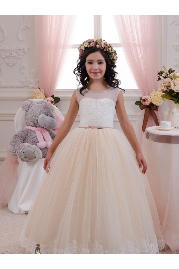 Buy Ivory & Champagne Ball Gown Sweetheart Floor Length Sleeveless Flower Girl Dress UK