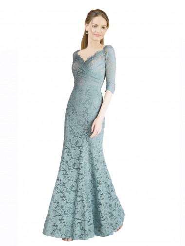 Buy Half Sleeves Pleated Lace Bridesmaid Dress / Prom Dress with Wrap-Around Portrait Neckline UK