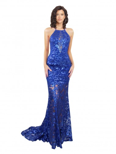 Buy High Neck Long Open Back Lace Bridesmaid Dress / Prom Dress with Train UK