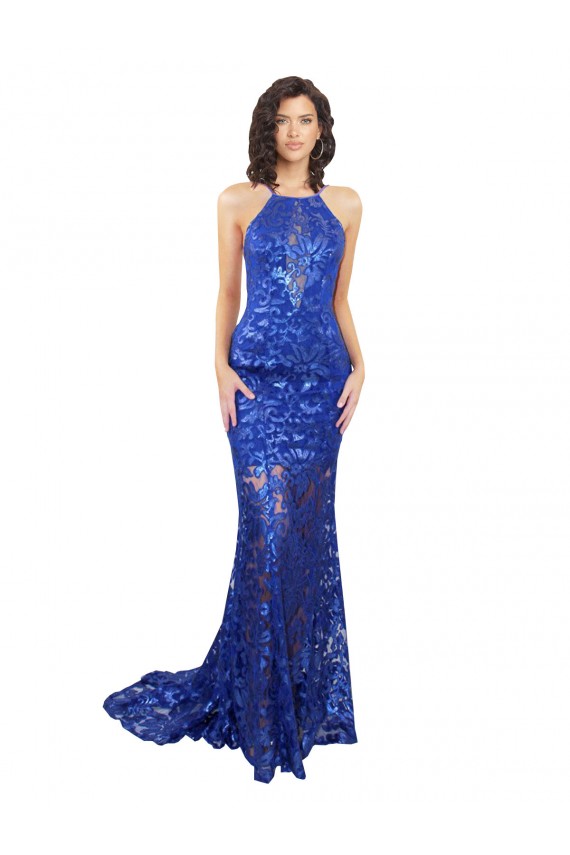 Buy High Neck Long Open Back Lace Bridesmaid Dress / Prom Dress with Train UK