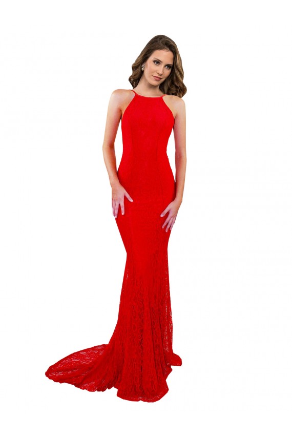 Buy High Neck Long Formal Lace Bridesmaid Dress / Prom Dress with Open Back Straps UK