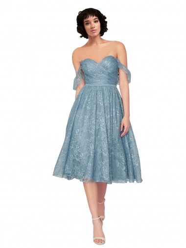 Buy Off the Shoulder Sweetheart Chantilly Lace Midi Length Cocktail Bridesmaid Dress UK