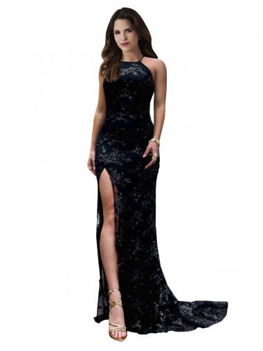 Buy Formal High Neckline Lace Open Back Bridesmaid Dress / Prom Dress with High Slit UK