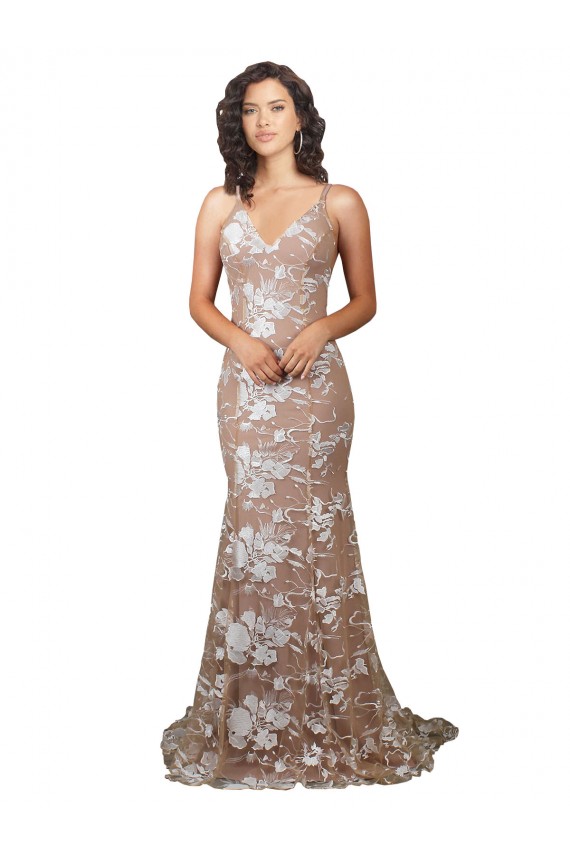 Buy Fishtail Shaped V-Neck Embroidered Foral Lace Wedding Dress UK