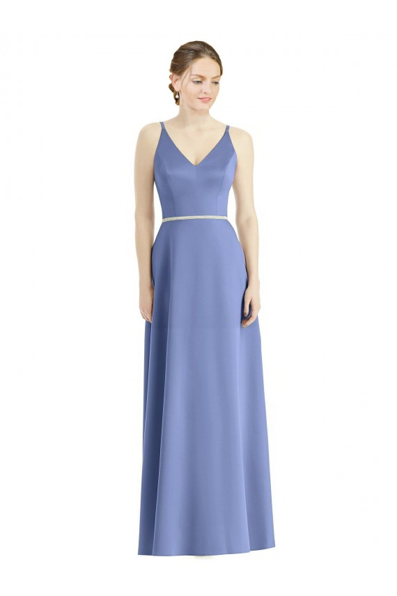 Buy Long Floor Length V-Neck Satin Bridesmaid Dress with Spaghetti Straps UK