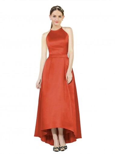 Buy Full Length Halter Satin Bridesmaid Dress with Hi-Low Hem Detail UK