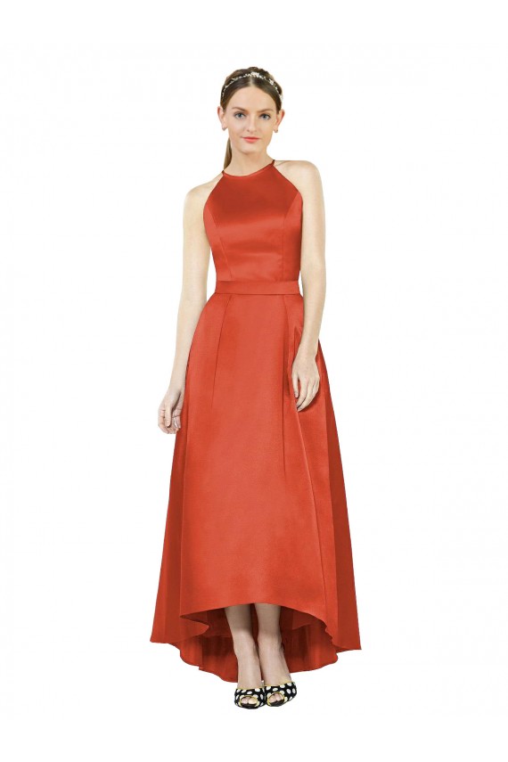Buy Full Length Halter Satin Bridesmaid Dress with Hi-Low Hem Detail UK
