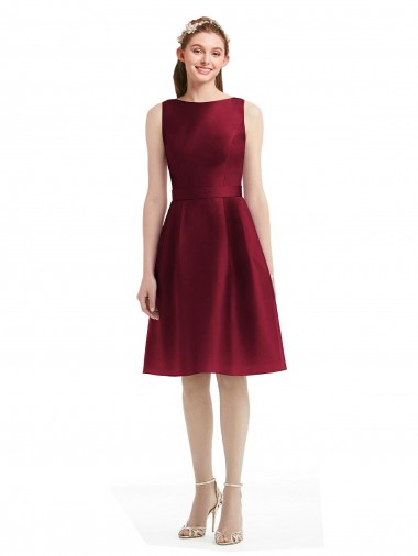 Buy Short Midi Length Satin Cocktail Bridesmaid Dress with Bateau Neckline and V-Back UK