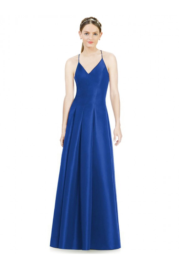 Buy Full Pleated V-Neck Long Satin Bridesmaid Dress with Criss Cross Open Back UK
