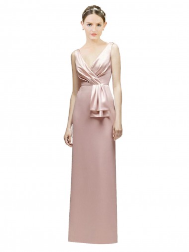 Buy Sleeveless V-Neck Long Satin Bridesmaid Dress with Draped Bodice and Tiered Bow UK