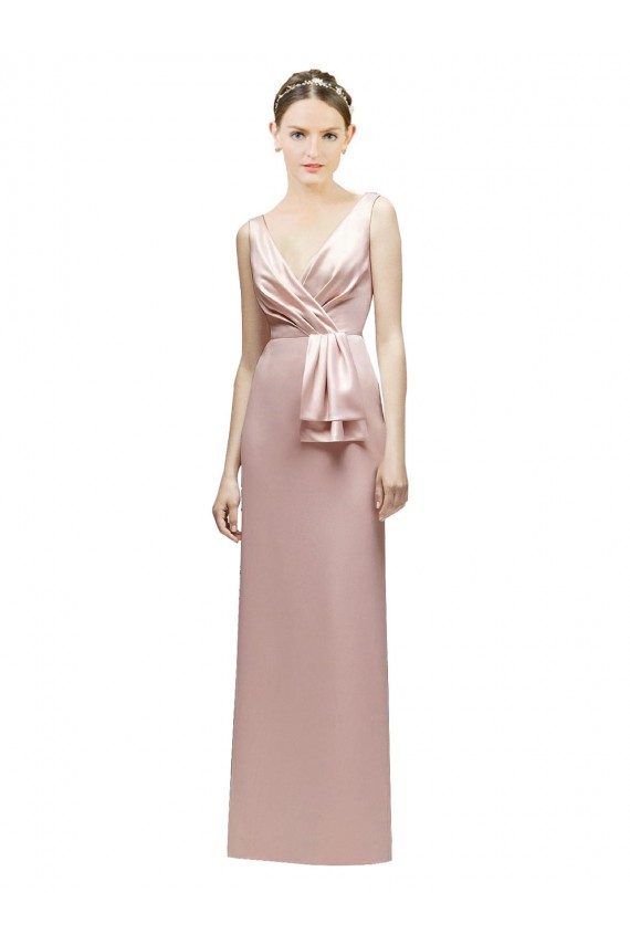 Buy Sleeveless V-Neck Long Satin Bridesmaid Dress with Draped Bodice and Tiered Bow UK
