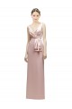 Buy Sleeveless V-Neck Long Satin Bridesmaid Dress with Draped Bodice and Tiered Bow UK
