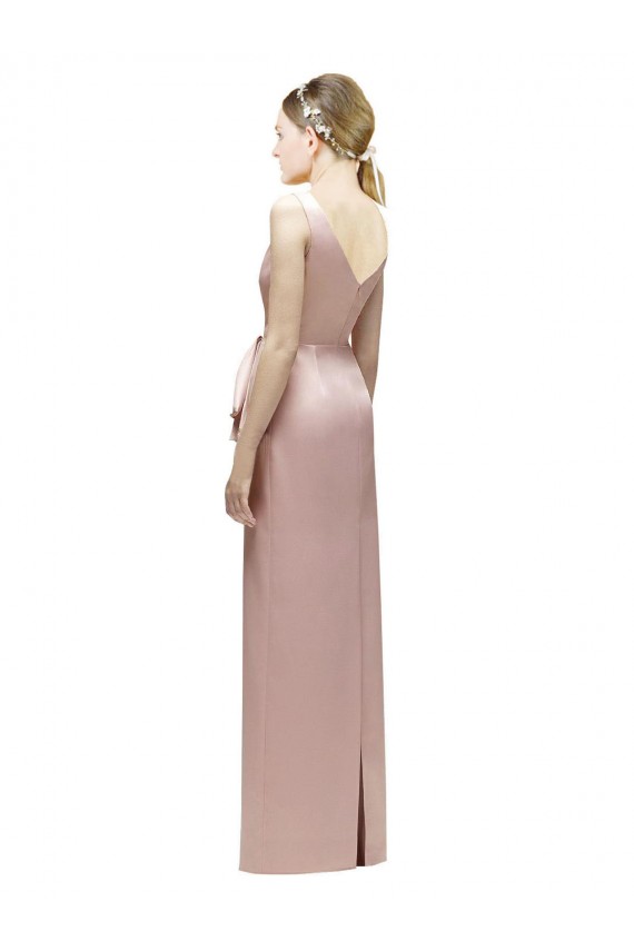 Buy Sleeveless V-Neck Long Satin Bridesmaid Dress with Draped Bodice and Tiered Bow UK
