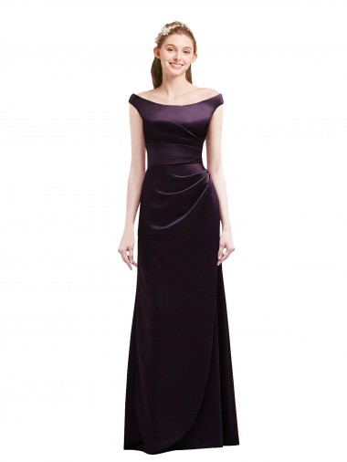 Buy Off The Shoulder Long Satin Bridesmaid Dress with Asymmetrical Pleated Bodice UK