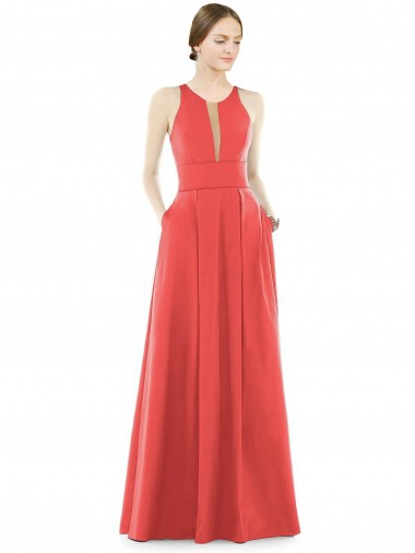 Buy Sheer V-Neck Tulle Illusion Long Satin Bridesmaid Dress UK