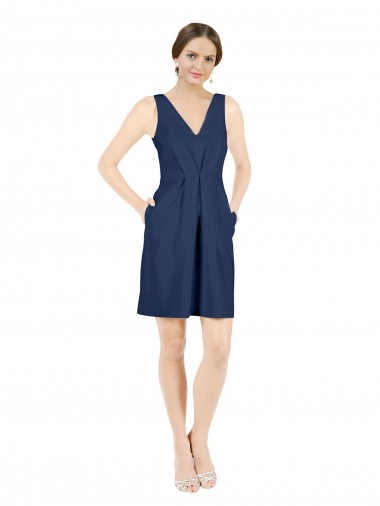 Buy Deep V-Neck Short Knee Length Satin Cocktail Bridesmaid Dress with Slimming Pleats UK