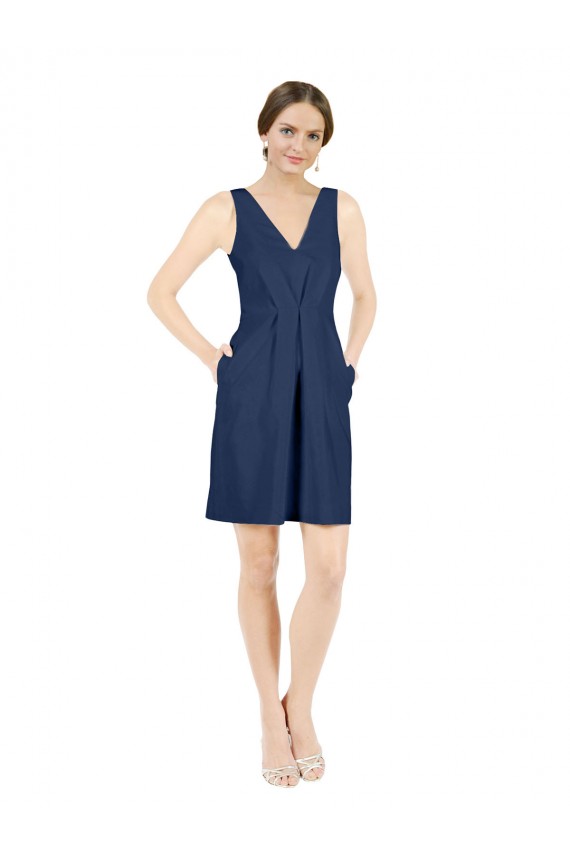 Buy Deep V-Neck Short Knee Length Satin Cocktail Bridesmaid Dress with Slimming Pleats UK