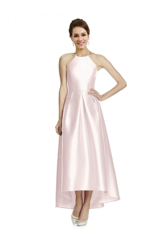 Buy Long High-Low Halter Satin Bridesmaid Dress with Criss-Cross Back UK