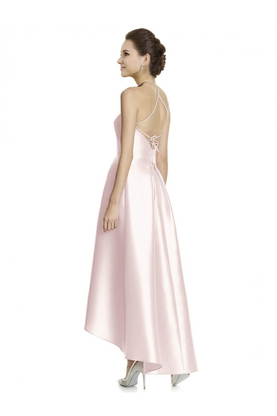 Buy Long High-Low Halter Satin Bridesmaid Dress with Criss-Cross Back UK