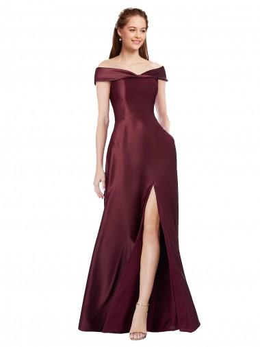 Buy Long Off the Shoulder Formal Satin Bridesmaid Dress / Prom Dress with Thigh-high Slit UK