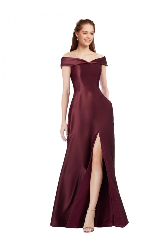 Buy Long Off the Shoulder Formal Satin Bridesmaid Dress / Prom Dress with Thigh-high Slit UK