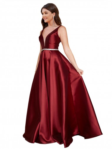 Buy Sleeveless Deep V-Neck A-Line Formal Satin Bridesmaid Dress / Prom Dress with Pockets UK