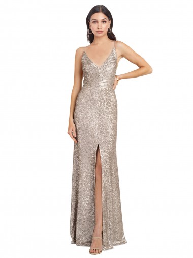 Buy V-Neck Fully Sequin Formal Bridesmaid Dress / Prom Dress with V-Back and Front Slit UK