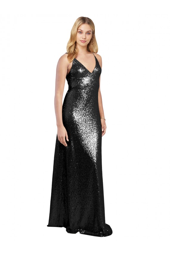 Buy Full Length A-Line Formal Sequin Bridesmaid Dress / Prom Dress with Spaghetti Straps V-Neckline UK