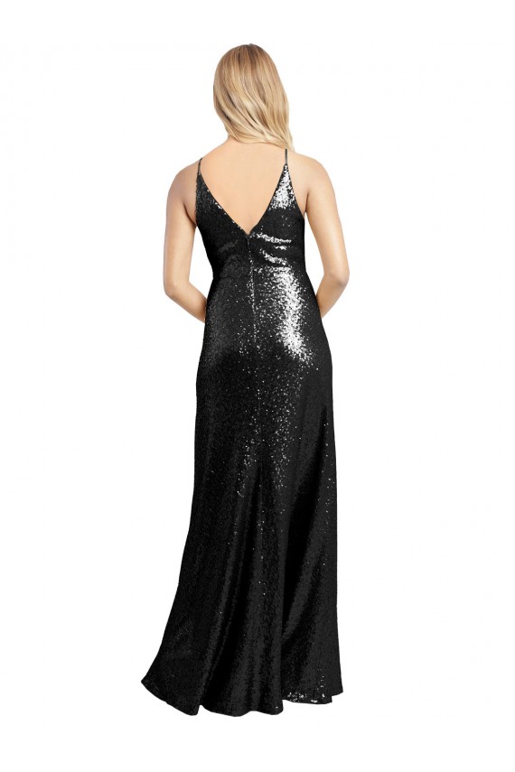 Buy Full Length A-Line Formal Sequin Bridesmaid Dress / Prom Dress with Spaghetti Straps V-Neckline UK
