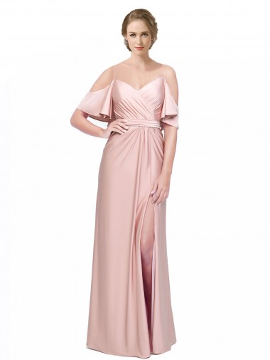 Buy Draped Cold Shoulder Sleeves Long Formal Silky Satin Bridesmaid Dress / Prom Dress with Slit and Tie Back UK