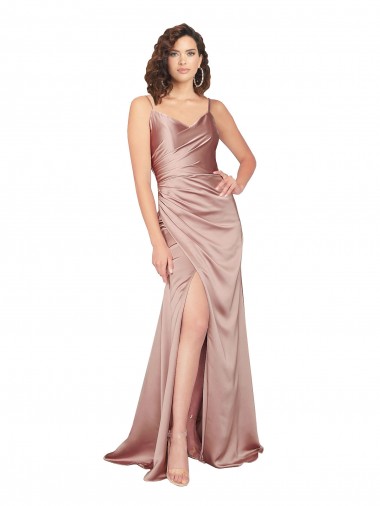 Buy Floor Length Formal Silky Satin Bridesmaid Dress / Prom Dress with Front Skirt Slit UK