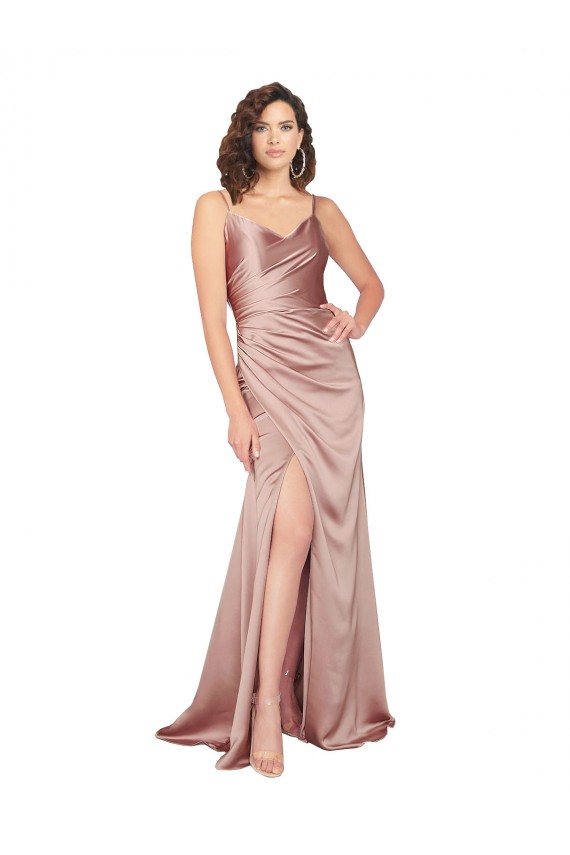 Buy Floor Length Formal Silky Satin Bridesmaid Dress / Prom Dress with Front Skirt Slit UK