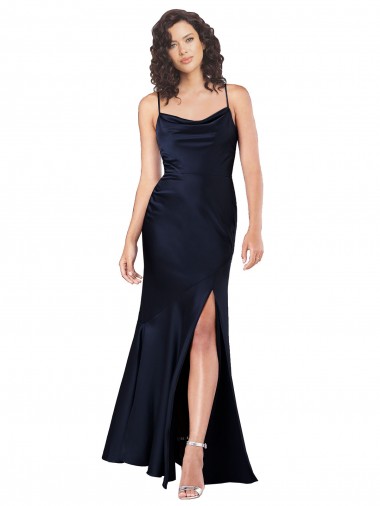Buy Draped Cowl Neck Formal Silky Satin Bridesmaid Dress / Prom Dress with Skirt Slit UK
