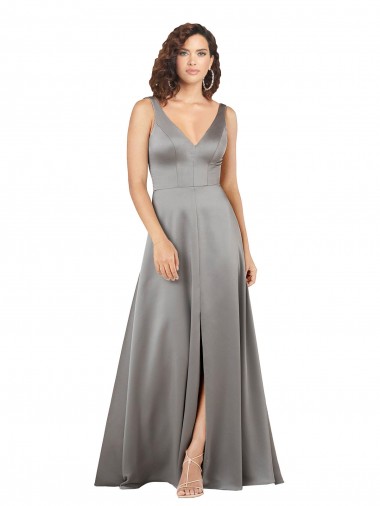 Buy Plunging V-Neckline Long A-Line Formal Silky Satin Bridesmaid Dress / Prom Dress UK