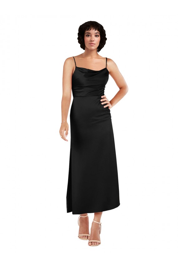 Buy Cowl Neck Formal Tea-Length Short Silky Satin Bridesmaid Dress / Cocktail Prom Dress with Skirt Slit UK