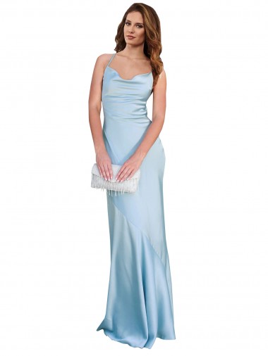Buy Open Back with Ties Cowl Neck Sheath Formal Silky Satin Long Bridessmaid Dress UK