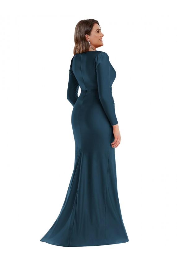 Buy Long Sleeves Draped Wrap Formal Silky Satin Mermaid Bridesmaid Dress / Prom Dress with Front Slit UK