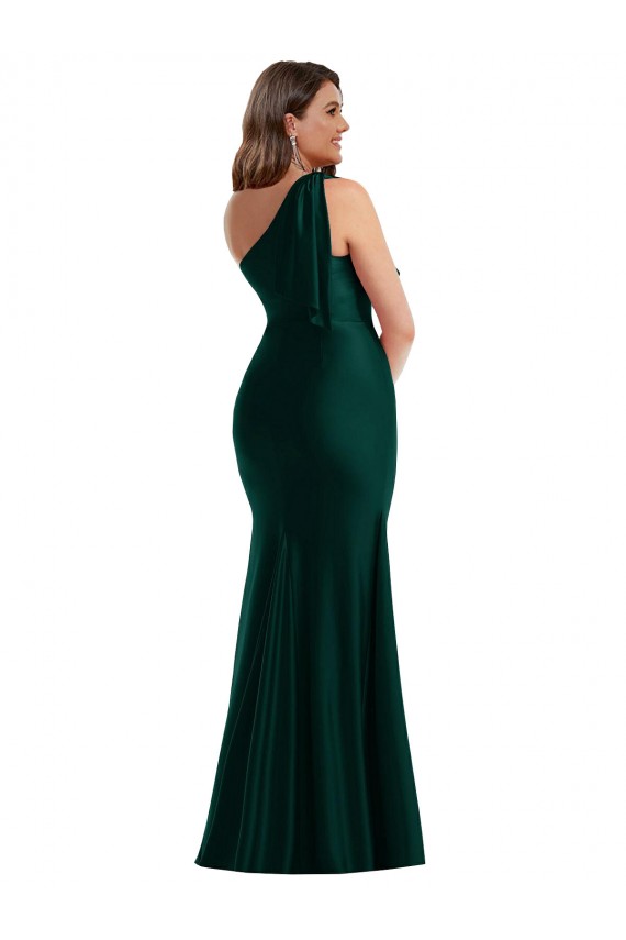 Buy Cascading Bow One Shoulder Formal Silky Satin Mermaid Bridesmaid Dress / Prom Dress with Front Slit UK