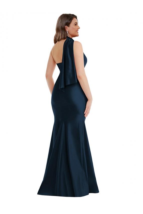 Buy Scarf Neck One Shoulder Formal Silky Satin Mermaid Bridesmaid Dress / Prom Dress with Front Slit UK