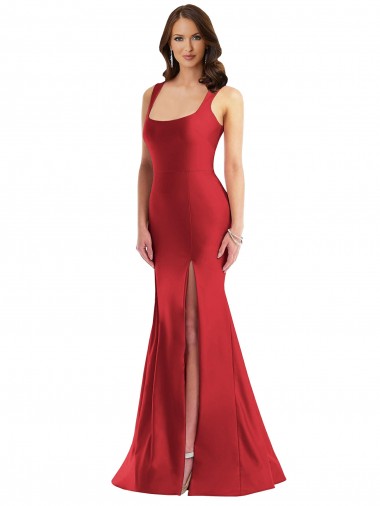 Buy Square Neck Formal Silky Satin Mermaid Bridesmaid Dress / Prom Dress with Side Slit UK