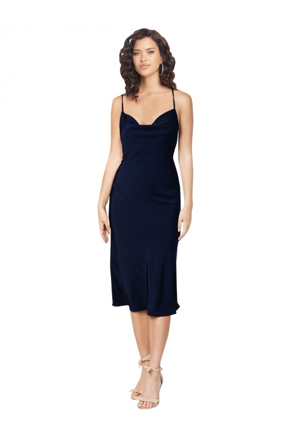 Buy Short Cocktail Midi Length Formal Silky Satin Bridesmaid Dress / Prom Dress with Cowl Neck and Cross Back Straps UK
