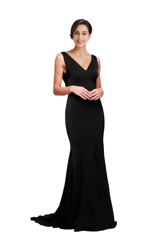 Buy V-Neck Full Length Formal Silky Satin Bridesmaid Dress / Prom Dress with Soft Cowl Neck and Sweep Train UK