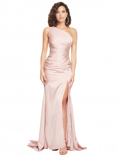 Buy Full Length One Shoulder Long Formal Silky Satin Bridesmaid Dress / Prom Dress with High Split UK