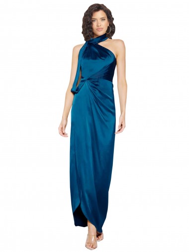 Buy High Halter Neck Formal Silky Satin Bridesmaid Dress / Prom Dress with Sash Overlay and Side Split UK