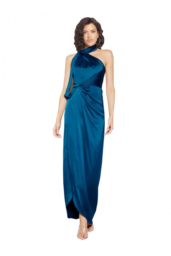 Buy High Halter Neck Formal Silky Satin Bridesmaid Dress / Prom Dress with Sash Overlay and Side Split UK